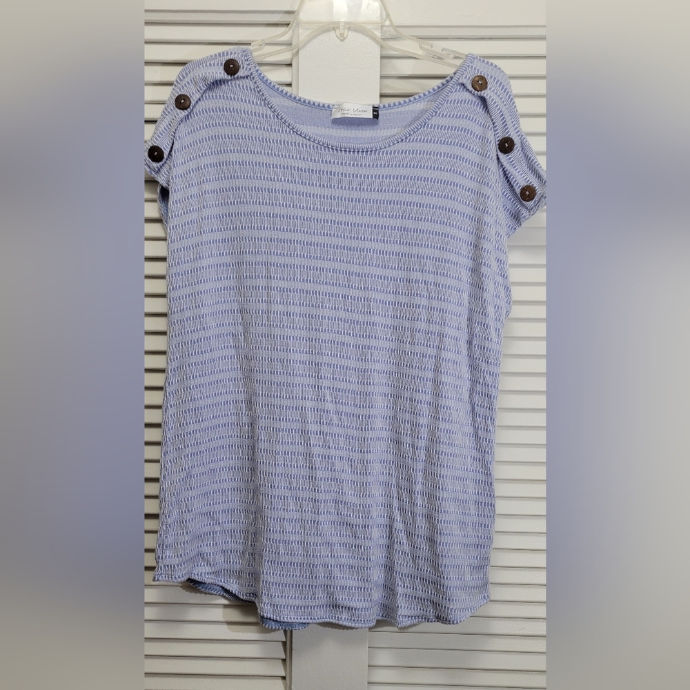 Star Vixen Women Plus 2X Blue White Striped Button Boat Neck Short Sleeve Top
